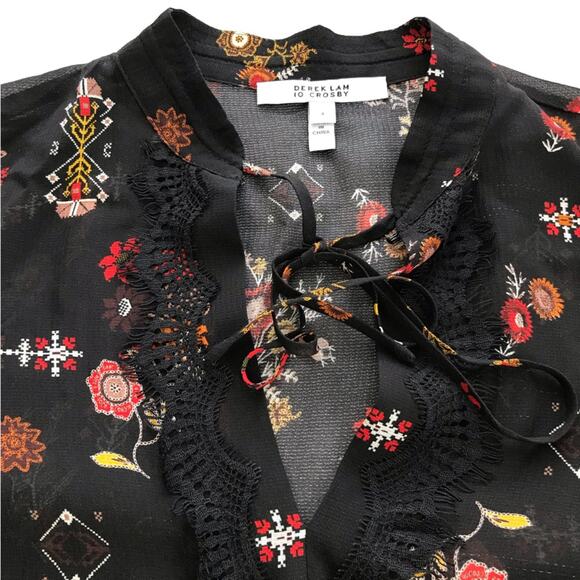 Derek Lam 10 Crosby black silk blouse Aztec floral print 4 long sleeve v neck - Picture 8 of 12
